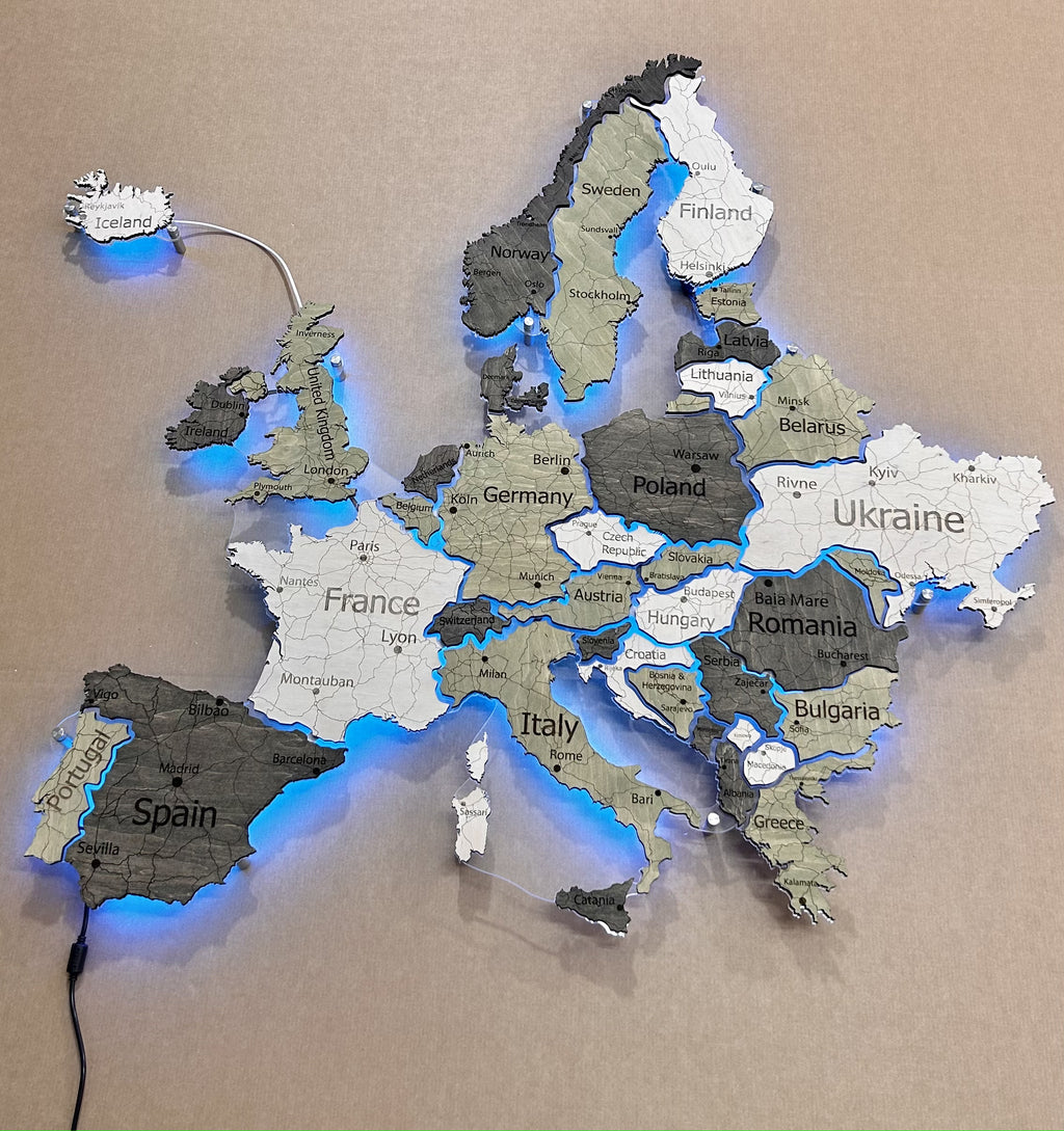 Mapa Europy LED RGB na szkle akrylowym z podświetleniem między krajami kolor Verde
