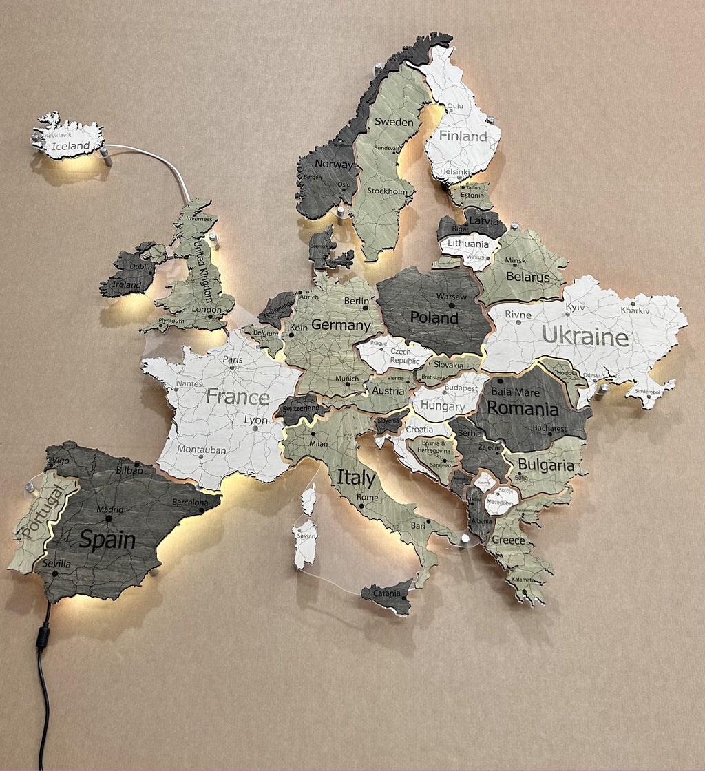 Mapa Europy LED RGB na szkle akrylowym z podświetleniem między krajami kolor Verde