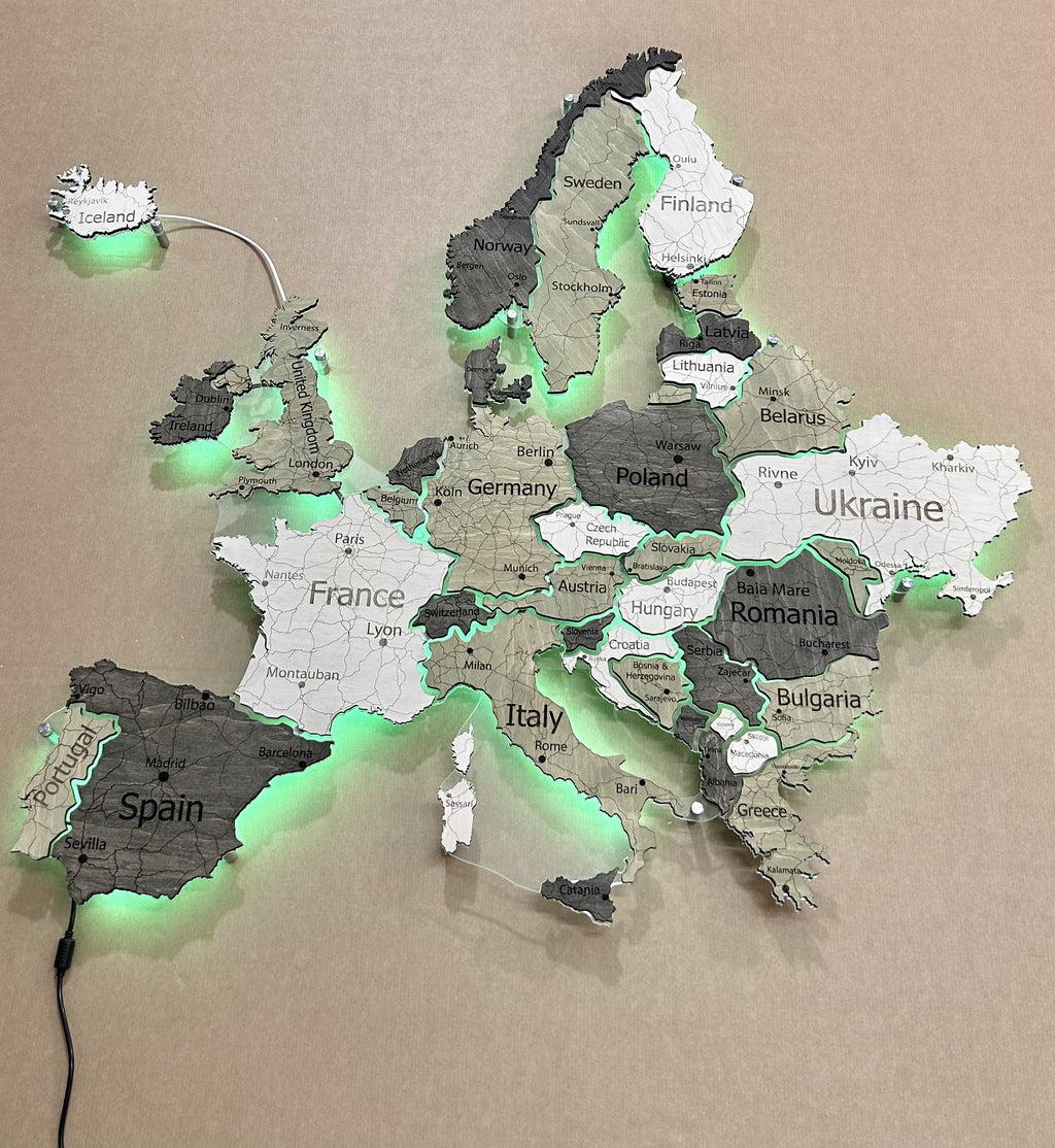 Mapa Europy LED RGB na szkle akrylowym z podświetleniem między krajami kolor Verde