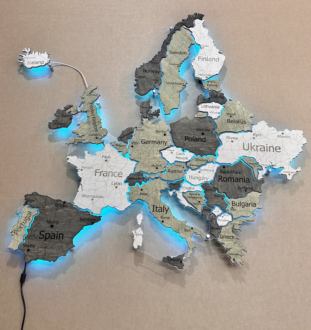 Mapa Europy LED RGB na szkle akrylowym z podświetleniem między krajami kolor Verde