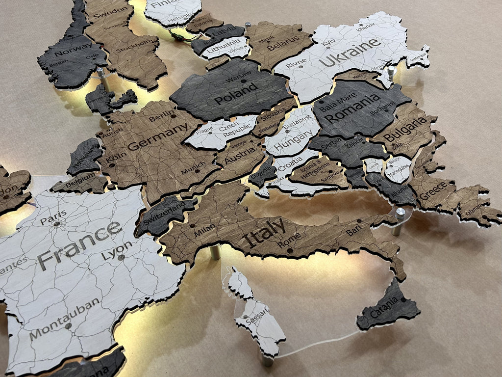 Mapa Europy LED na szkle akrylowym z podświetleniem między krajami kolor Wander