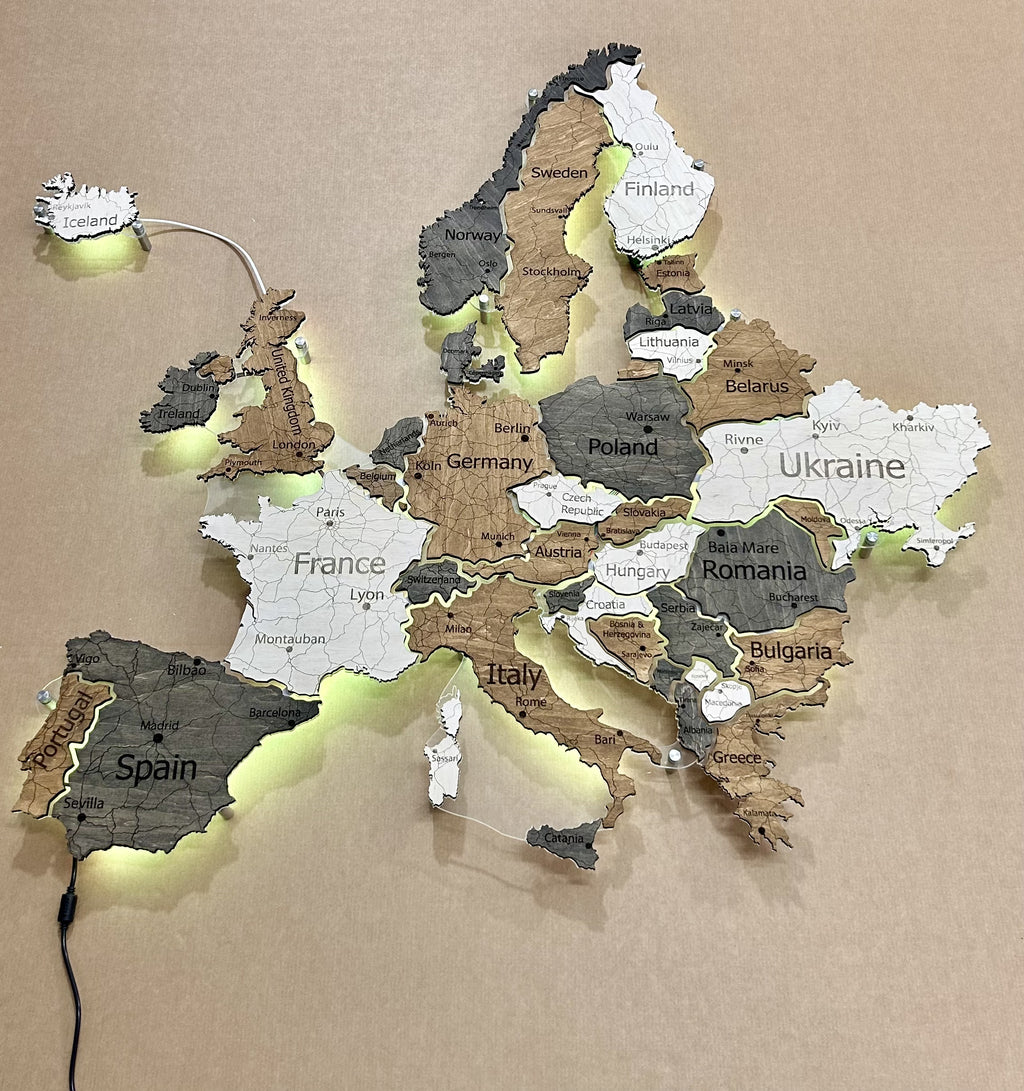 Mapa Europy LED RGB na szkle akrylowym z podświetleniem między krajami kolor Wander