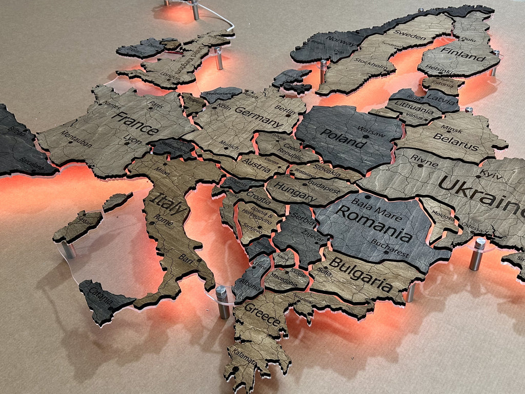 Mapa Europy LED RGB na szkle akrylowym z podświetleniem między krajami kolor Dark Tree