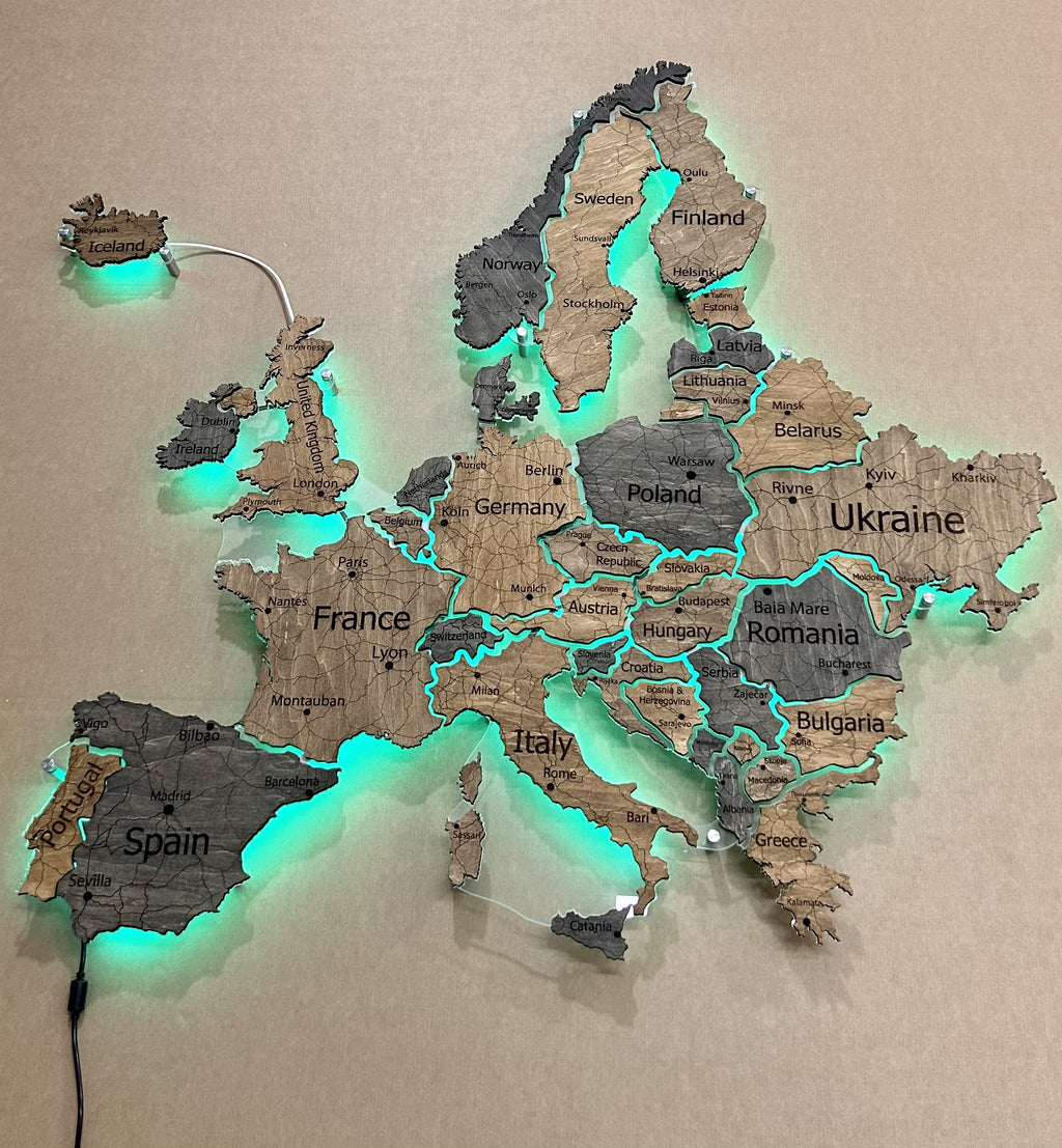 Mapa Europy LED RGB na szkle akrylowym z podświetleniem między krajami kolor Dark Tree