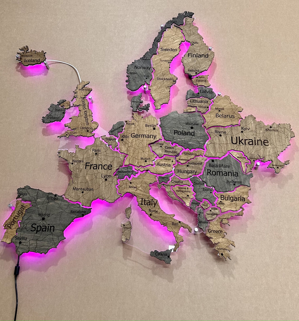 Mapa Europy LED RGB na szkle akrylowym z podświetleniem między krajami kolor Dark Tree