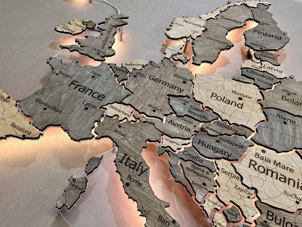 Mapa Europy LED na szkle akrylowym z podświetleniem między krajami kolor Nobel