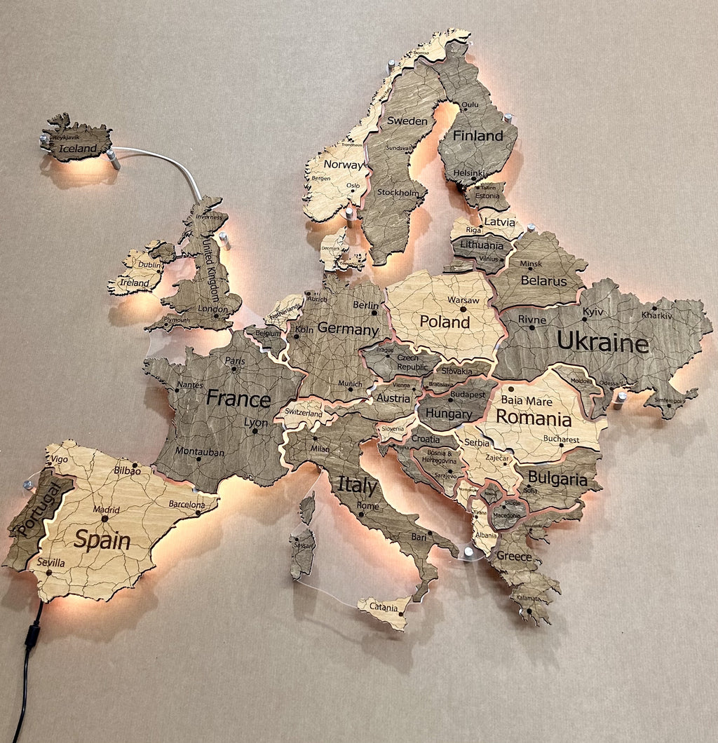 Mapa Europy LED na szkle akrylowym z podświetleniem między krajami kolor Nobel