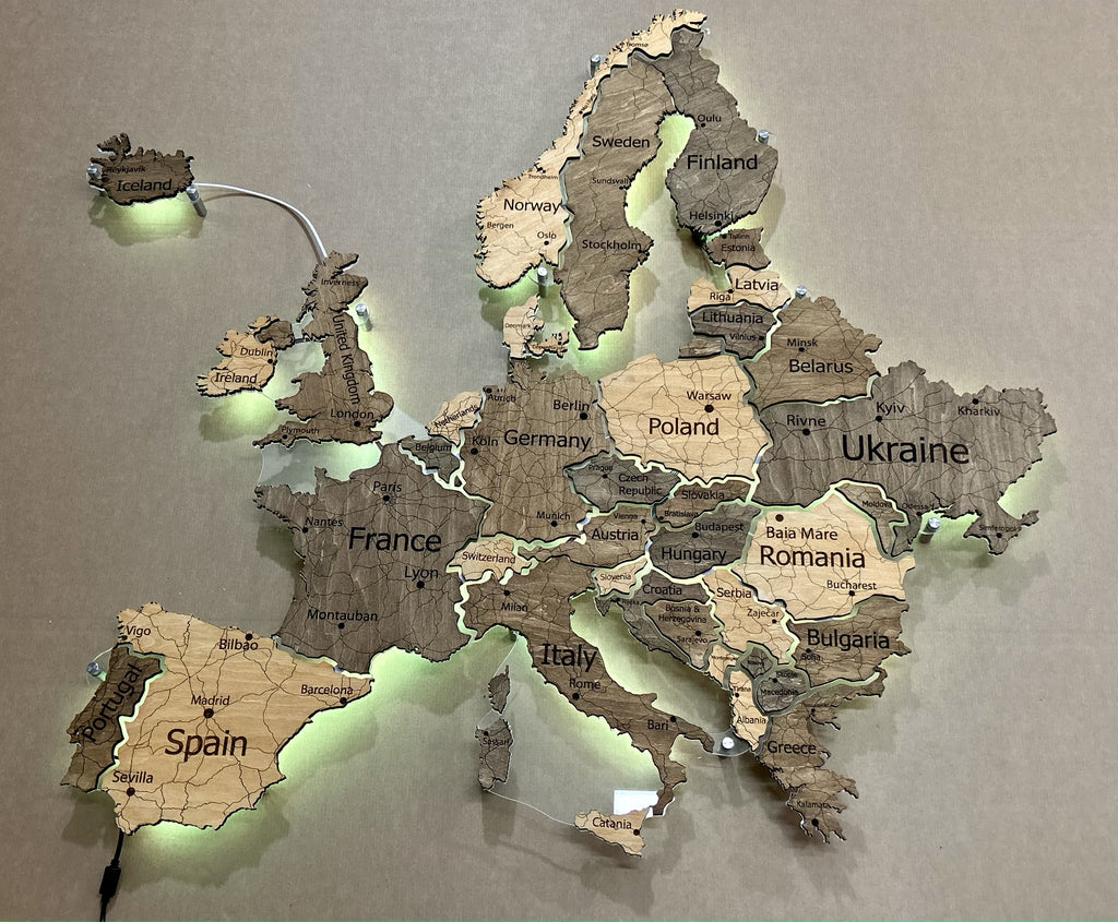 Mapa Europy LED RGB na szkle akrylowym z podświetleniem między krajami kolor Nobel