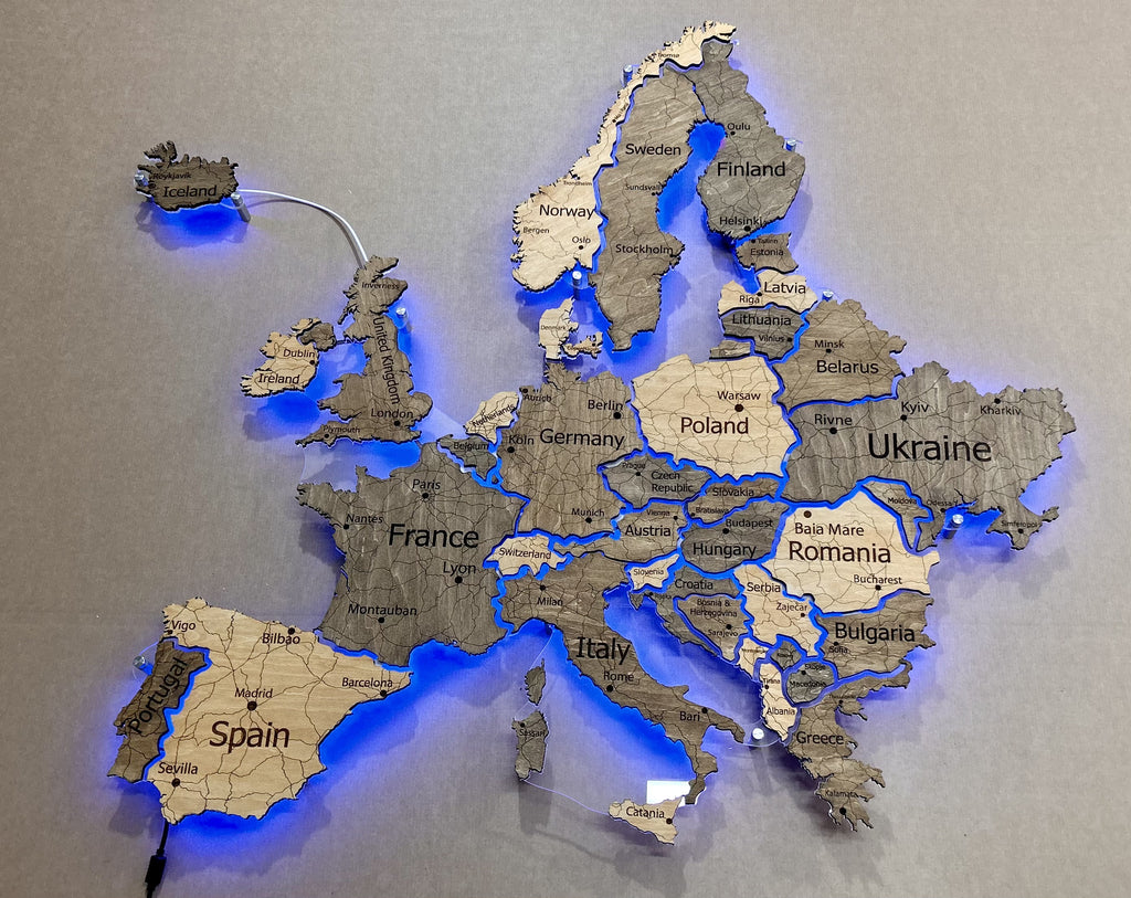 Mapa Europy LED RGB na szkle akrylowym z podświetleniem między krajami kolor Nobel
