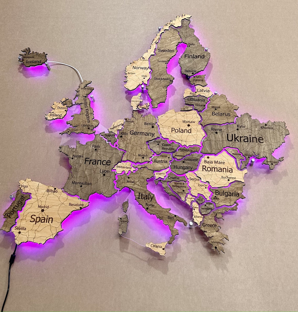 Mapa Europy LED RGB na szkle akrylowym z podświetleniem między krajami kolor Nobel