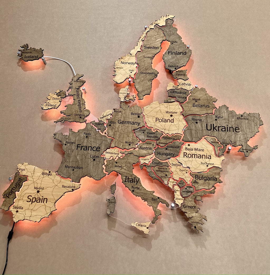 Mapa Europy LED RGB na szkle akrylowym z podświetleniem między krajami kolor Nobel