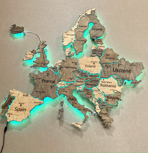 Mapa Europy LED RGB na szkle akrylowym z podświetleniem między krajami kolor Nobel