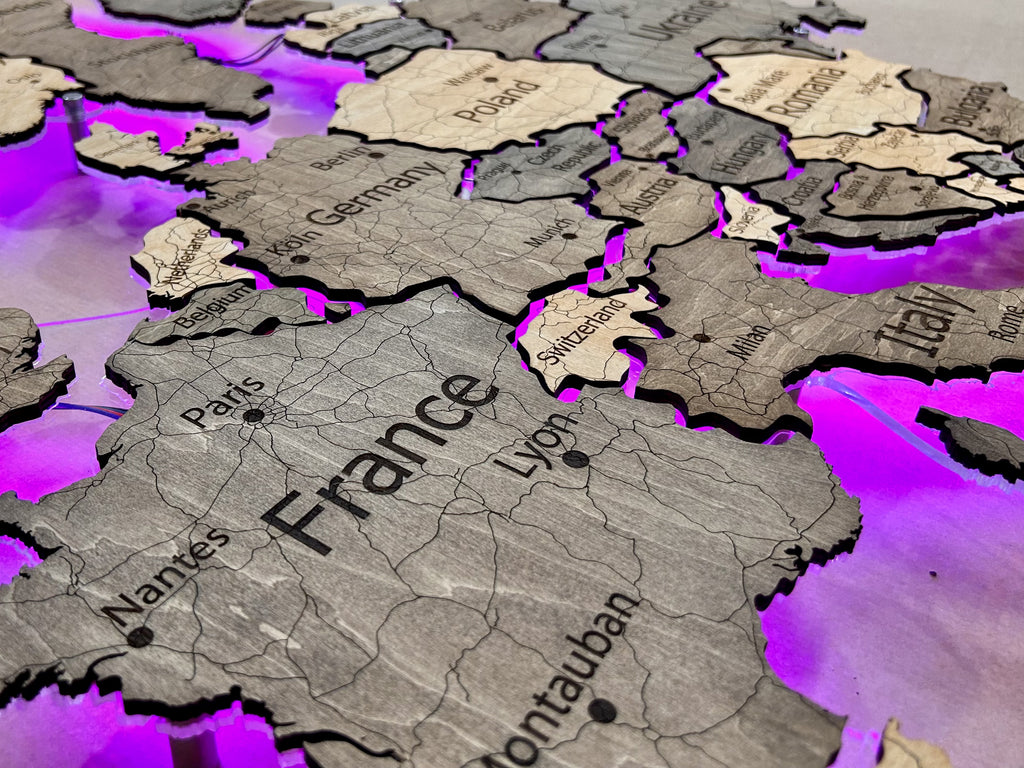 Mapa Europy LED RGB na szkle akrylowym z podświetleniem między krajami kolor Nobel
