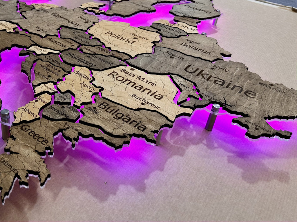 Mapa Europy LED RGB na szkle akrylowym z podświetleniem między krajami kolor Nobel