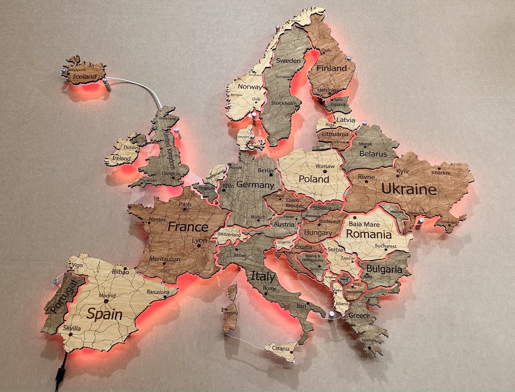 Mapa Europy LED RGB na szkle akrylowym z podświetleniem między krajami kolor Warm