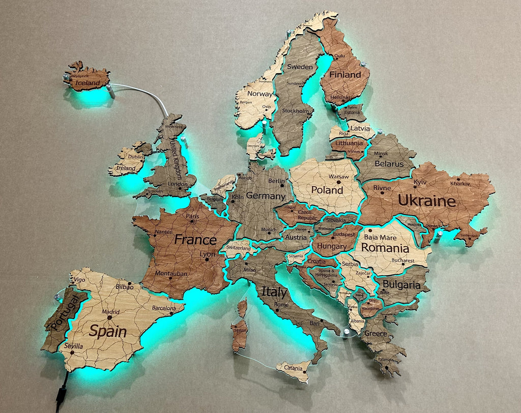 Mapa Europy LED RGB na szkle akrylowym z podświetleniem między krajami kolor Warm