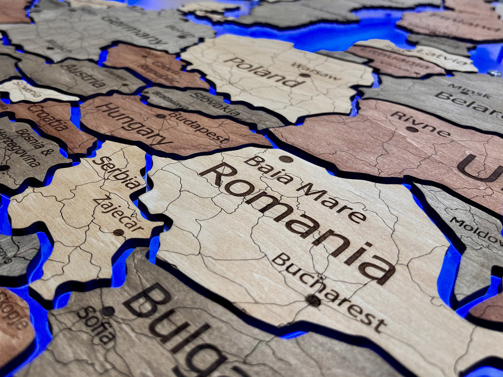 Mapa Europy LED RGB na szkle akrylowym z podświetleniem między krajami kolor Warm