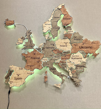 Mapa Europy LED RGB na szkle akrylowym z podświetleniem między krajami kolor Warm