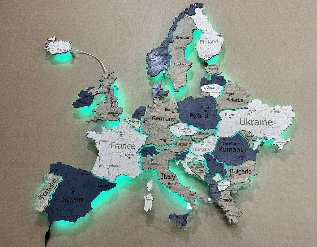 Mapa Europy LED RGB na szkle akrylowym z podświetleniem między krajami kolor Deep