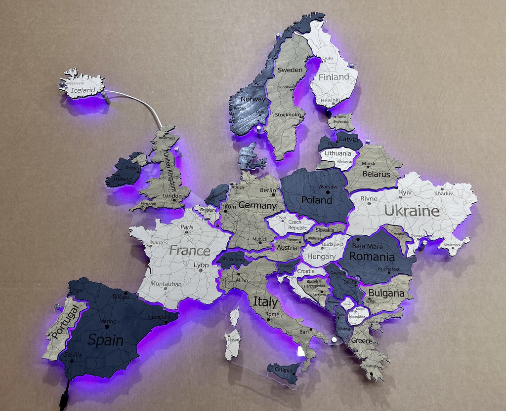 Mapa Europy LED RGB na szkle akrylowym z podświetleniem między krajami kolor Deep