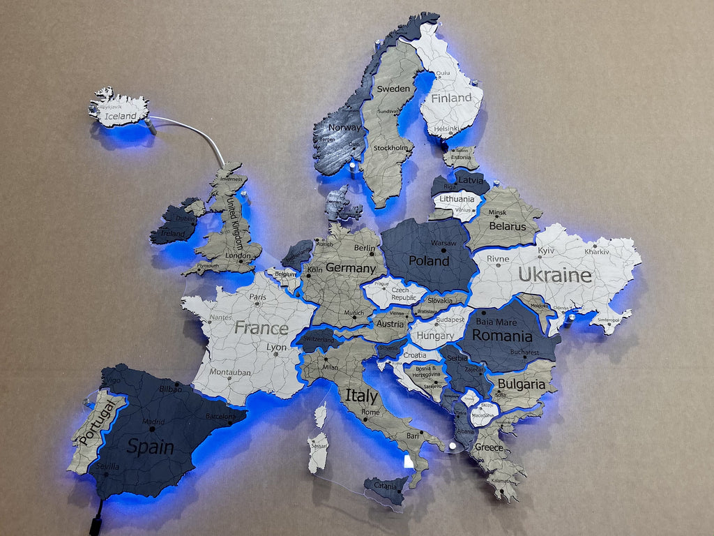 Mapa Europy LED RGB na szkle akrylowym z podświetleniem między krajami kolor Deep