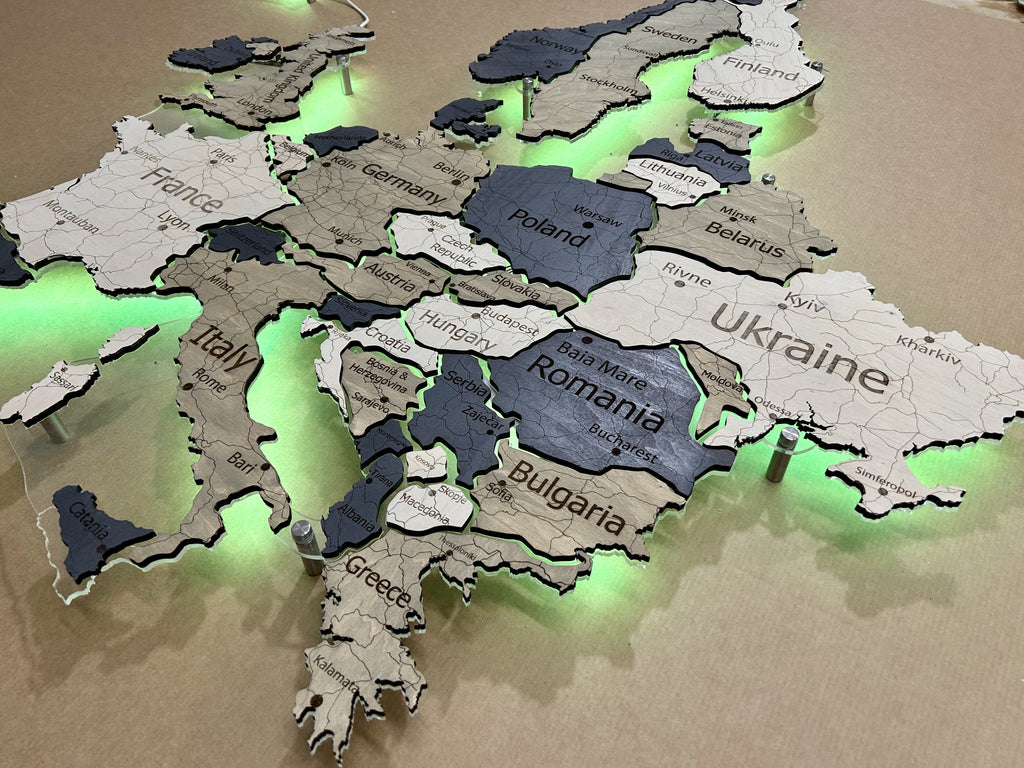 Mapa Europy LED RGB na szkle akrylowym z podświetleniem między krajami kolor Deep