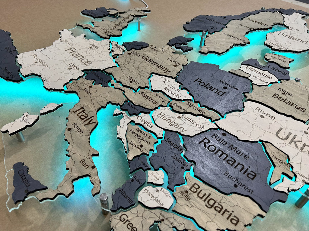 Mapa Europy LED RGB na szkle akrylowym z podświetleniem między krajami kolor Deep