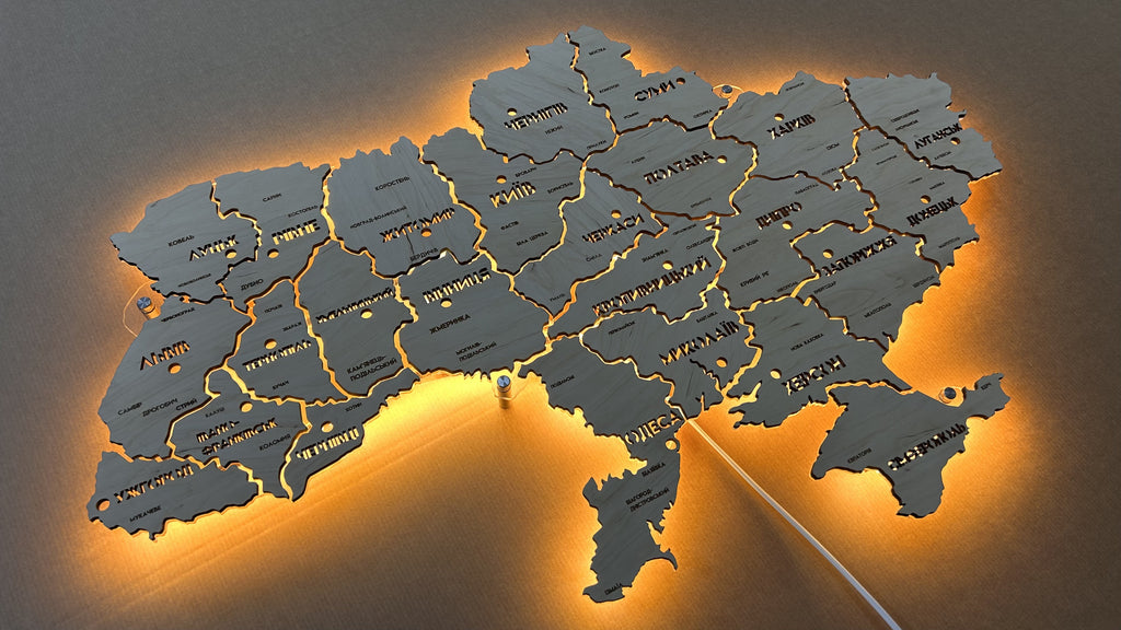 Mapa Ukrainy LED na szkle akrylowym z podświetleniem między regionami kolor Natural