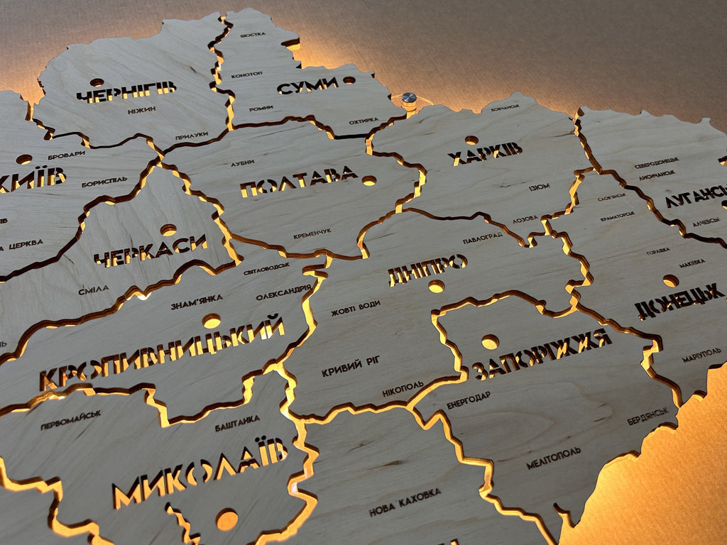 Mapa Ukrainy LED na szkle akrylowym z podświetleniem między regionami kolor Natural