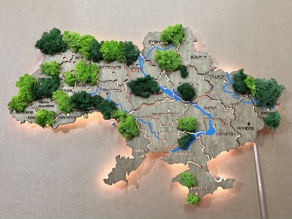 Mapa Ukrainy LED na szkle akrylowym z rzekami, mchem i podświetleniem między regionami kolor Venge 1