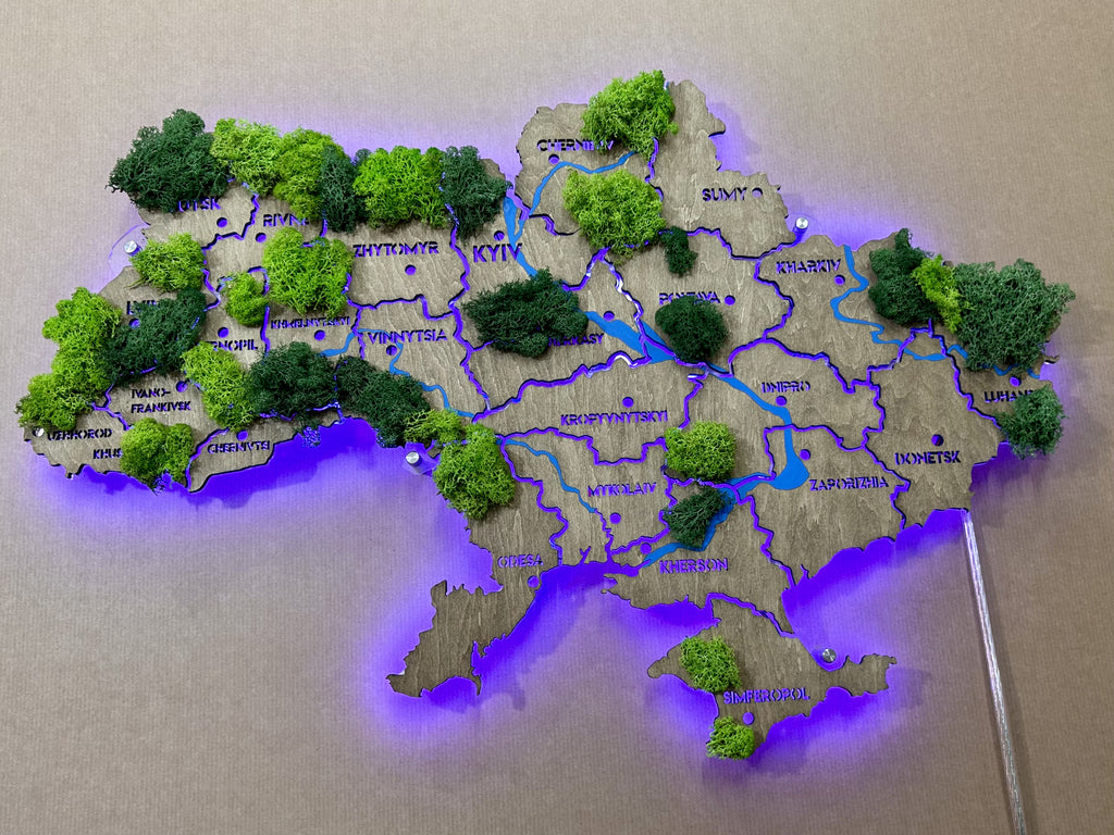 Mapa Ukrainy RGB LED na szkle akrylowym z rzekami, mchem i podświetleniem między regionami kolor Venge
