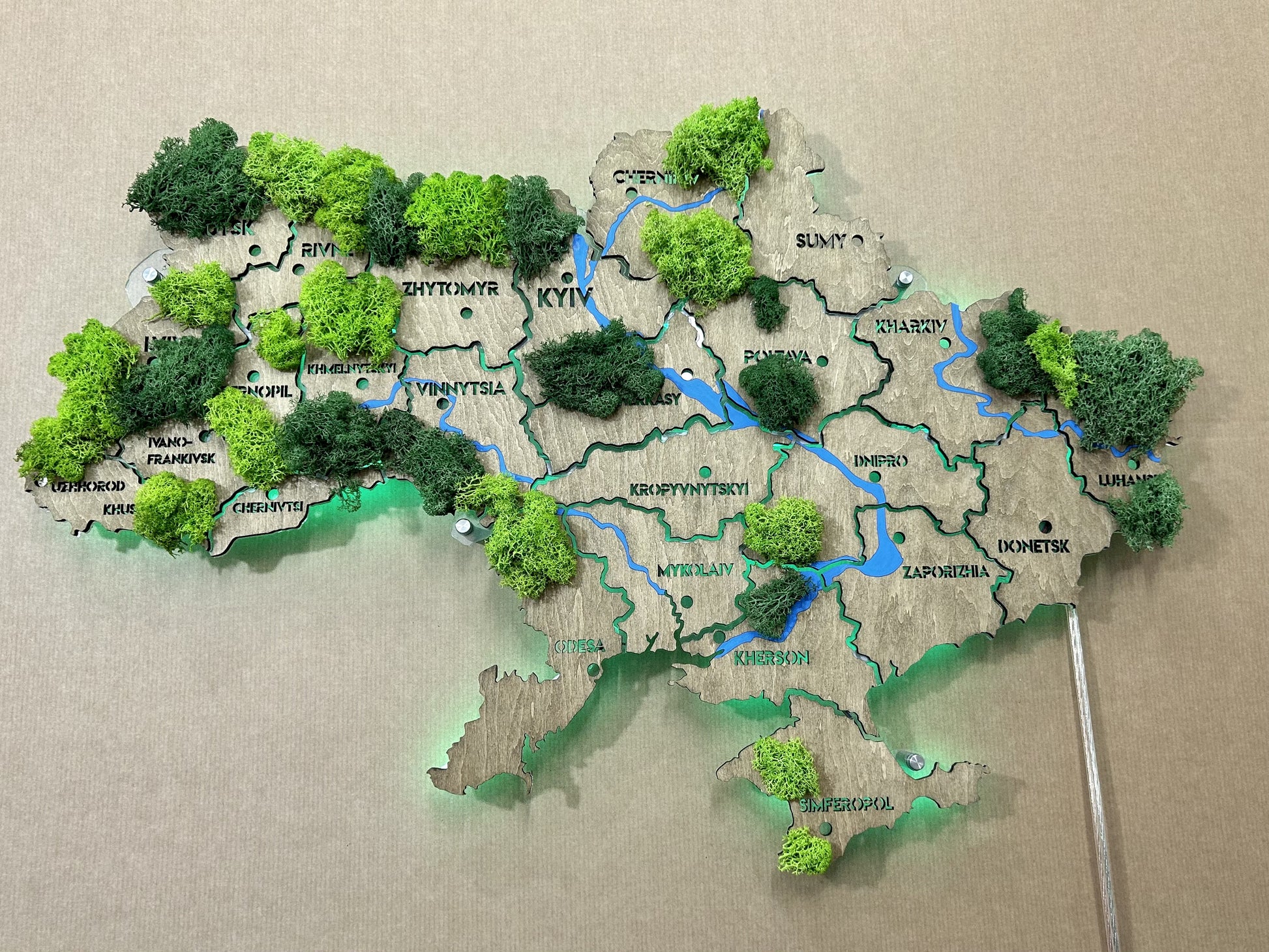 Mapa Ukrainy RGB LED na szkle akrylowym z rzekami, mchem i podświetleniem między regionami kolor Venge
