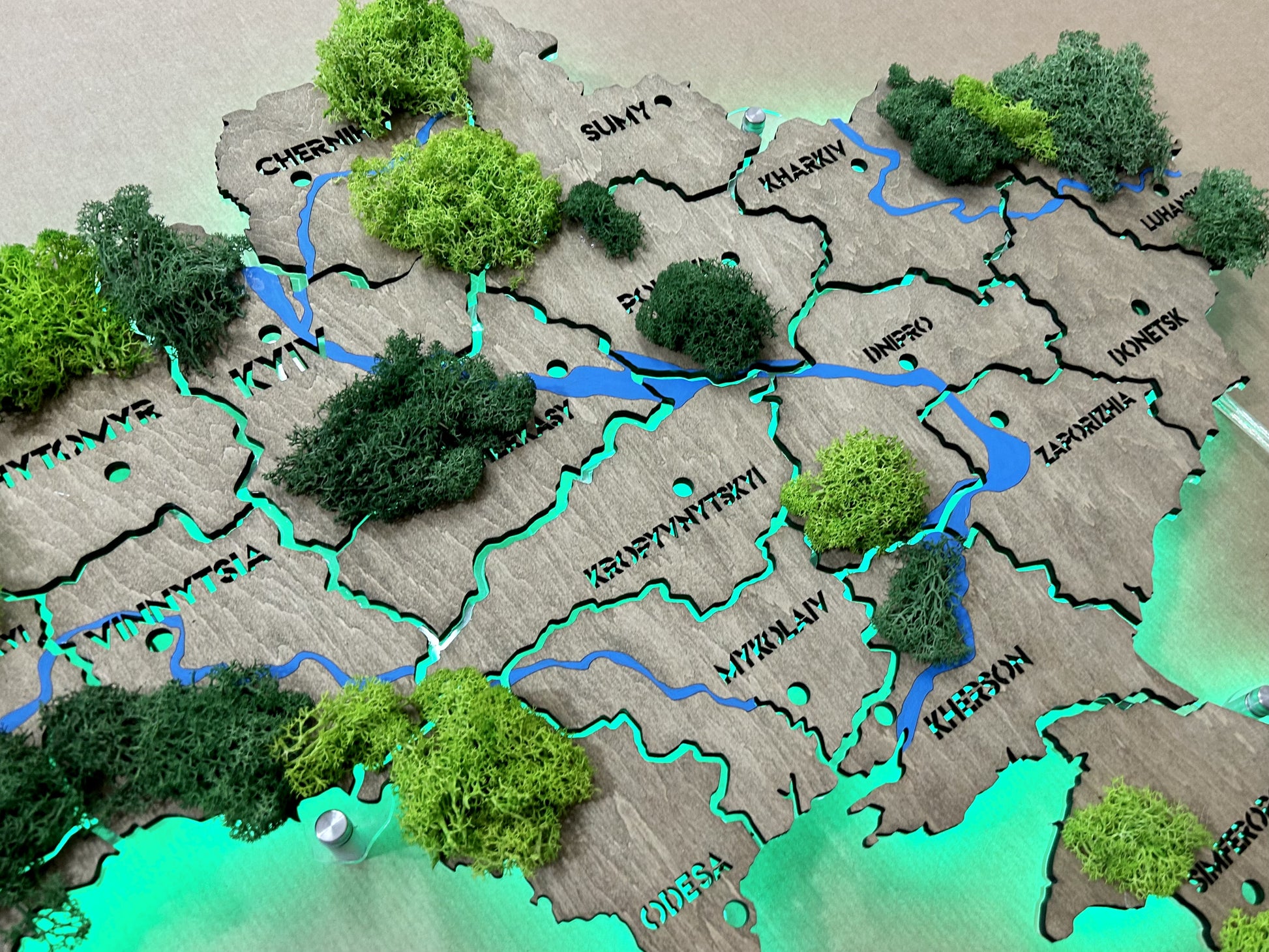 Mapa Ukrainy RGB LED na szkle akrylowym z rzekami, mchem i podświetleniem między regionami kolor Venge