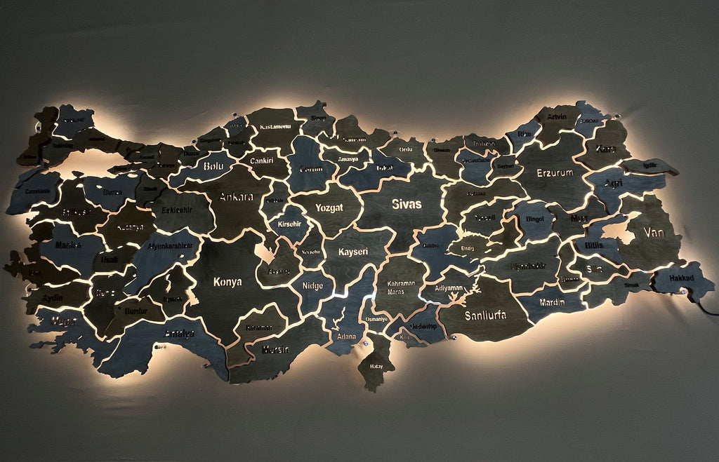 Mapa Turcji LED na szkle akrylowym z podświetleniem między prowincjami kolor Nerium