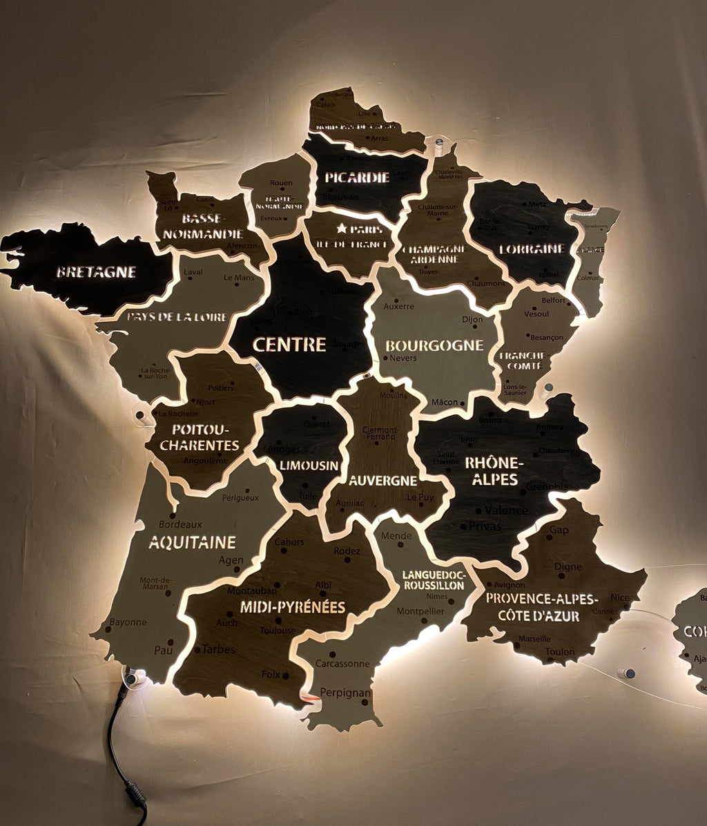 Mapa Francji LED na szkle akrylowym z podświetleniem między regionami kolor Bordo