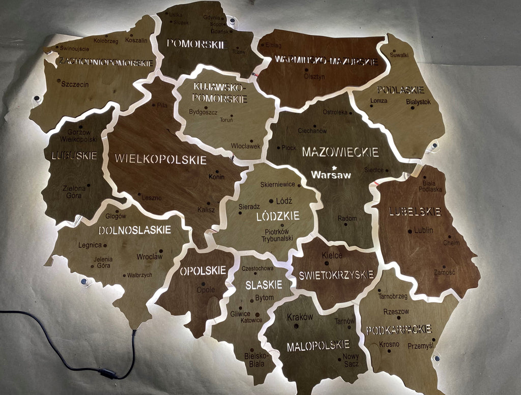 Mapa Polski LED na szkle akrylowym z podświetleniem między województwami kolor Soft