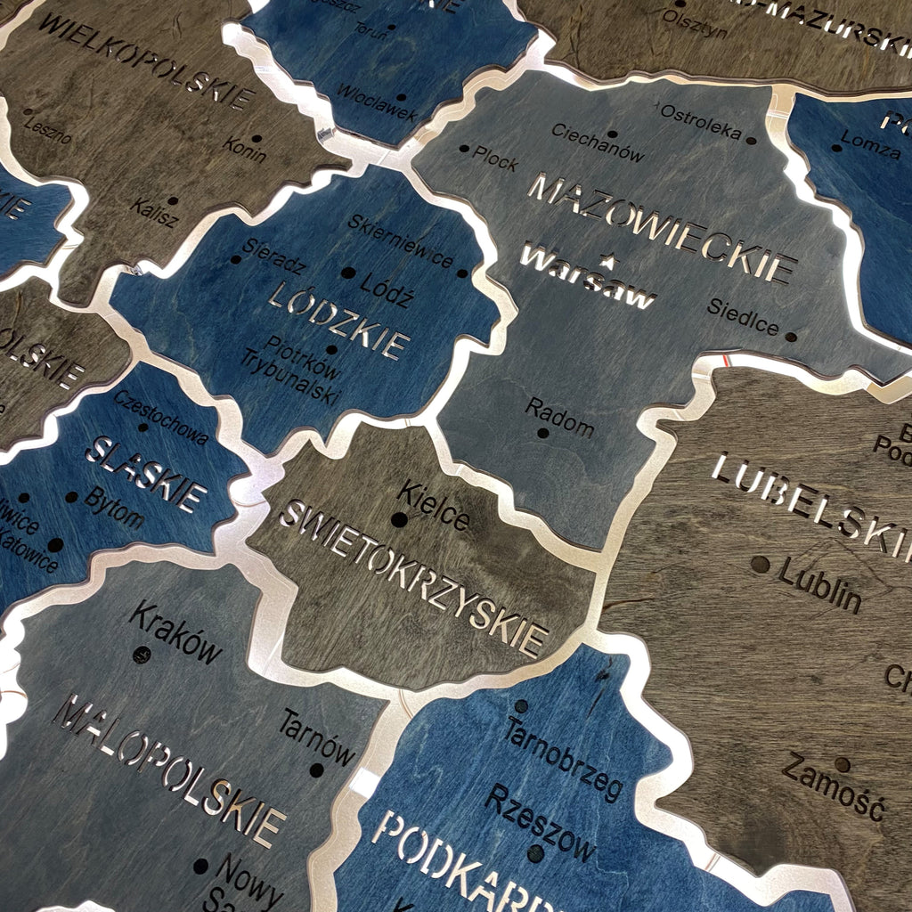Mapa Polski LED na szkle akrylowym z podświetleniem między województwami kolor Lodz