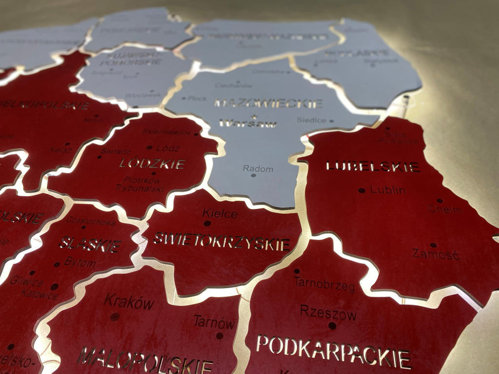 Mapa Polski LED na szkle akrylowym z podświetleniem między województwami kolor Flag
