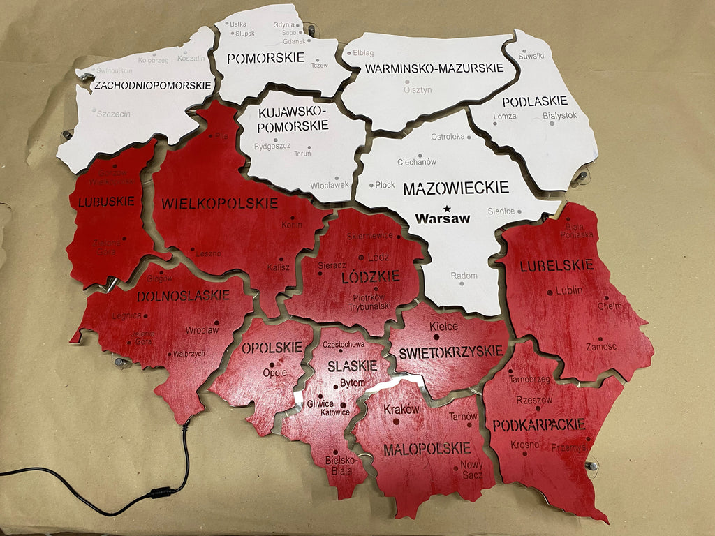 Mapa Polski LED na szkle akrylowym z podświetleniem między województwami kolor Flag