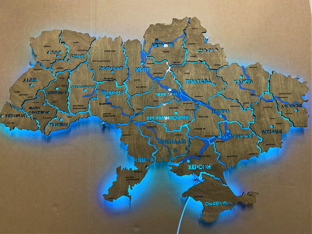 Mapa Ukrainy LED RGB na szkle akrylowym z rzekami i podświetleniem między regionami kolor Venge 1