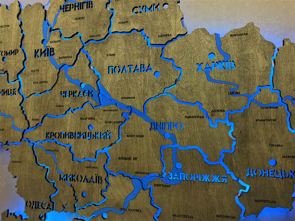 Mapa Ukrainy LED RGB na szkle akrylowym z rzekami i podświetleniem między regionami kolor Venge 1