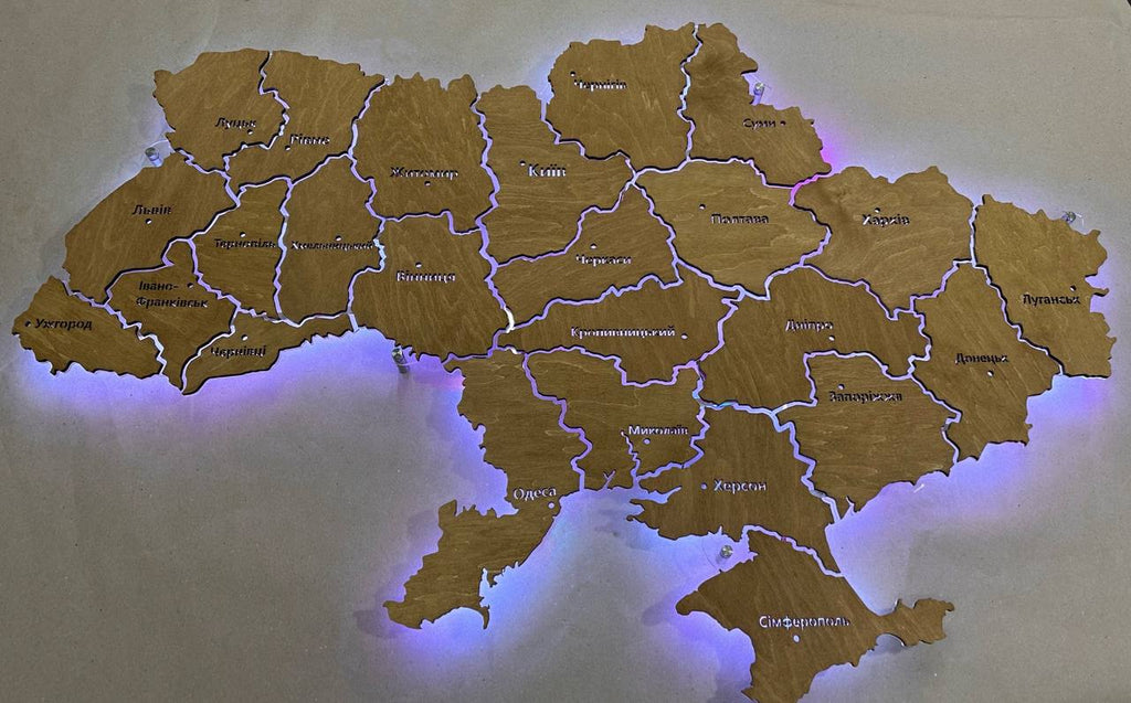 Mapa Ukrainy LED RGB na szkle akrylowym z podświetleniem między regionami kolor Nut