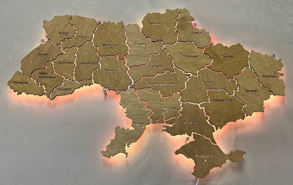 Mapa Ukrainy LED RGB na szkle akrylowym z podświetleniem między regionami kolor Nut
