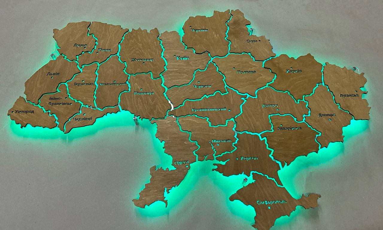 Mapa Ukrainy LED RGB na szkle akrylowym z podświetleniem między regionami kolor Nut