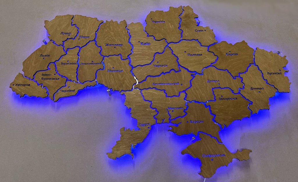 Mapa Ukrainy LED RGB na szkle akrylowym z podświetleniem między regionami kolor Nut