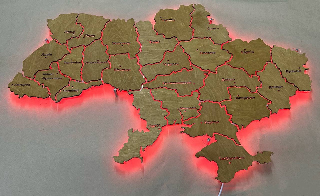Mapa Ukrainy LED RGB na szkle akrylowym z podświetleniem między regionami kolor Nut