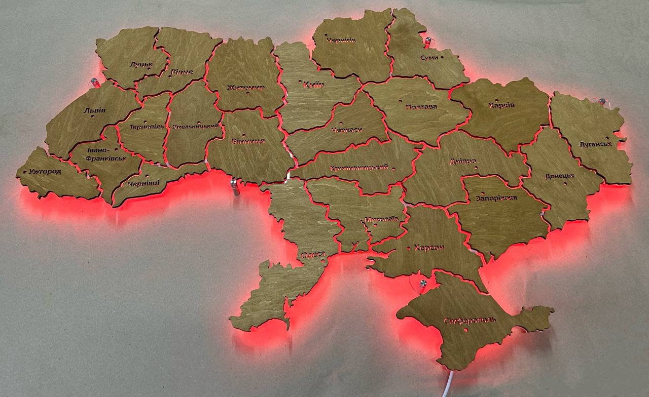 Mapa Ukrainy LED RGB na szkle akrylowym z podświetleniem między regionami kolor Nut